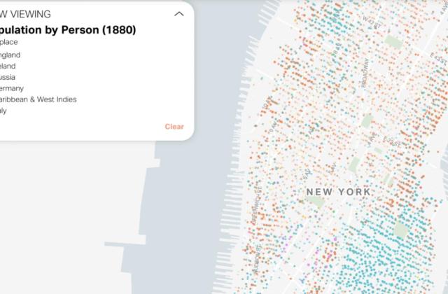 Screenshot of the Mapping Historical New York digital atlas showing an interactive map of Manhattan and Brooklyn with historical census data points