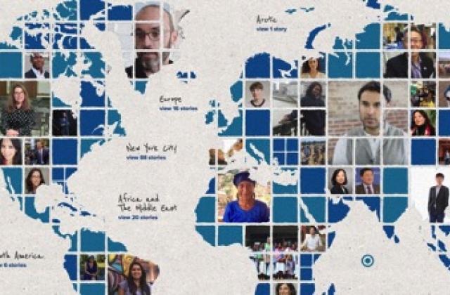 Image of globe with continents populated with images of Columbia alumni.