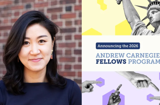 Split image of Eunji Kim on left and event program on right that says “Announcing the 2026 Andrew Carnegie Fellows Program”